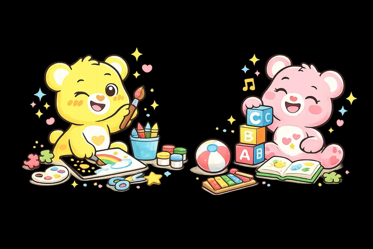 Deux oursons découvrent la peinture, les livres et les jeux