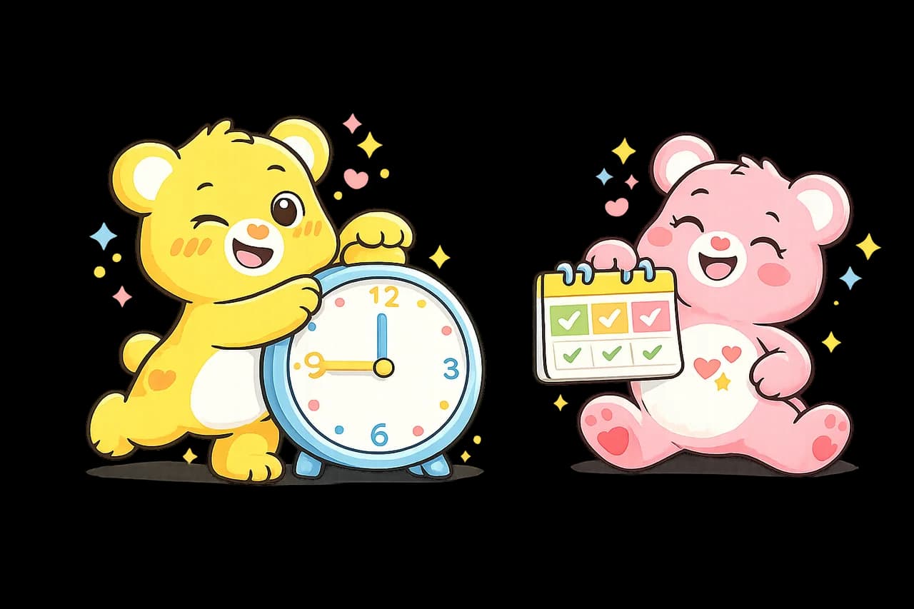 Deux oursons présentent une horloge et un calendrier